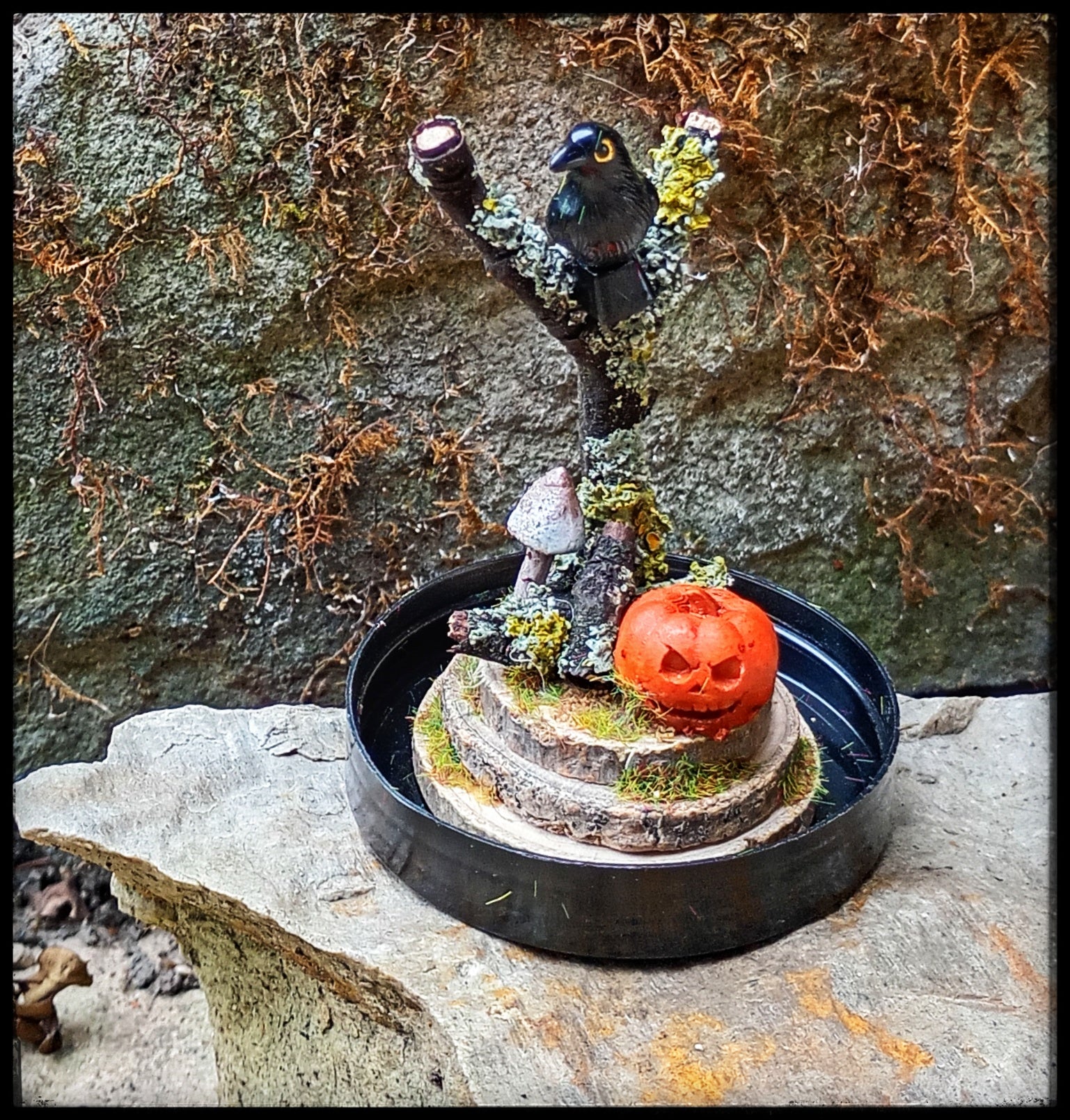 Raven and Pumpkin- Halloween Themed Miniature Scene in Cloche