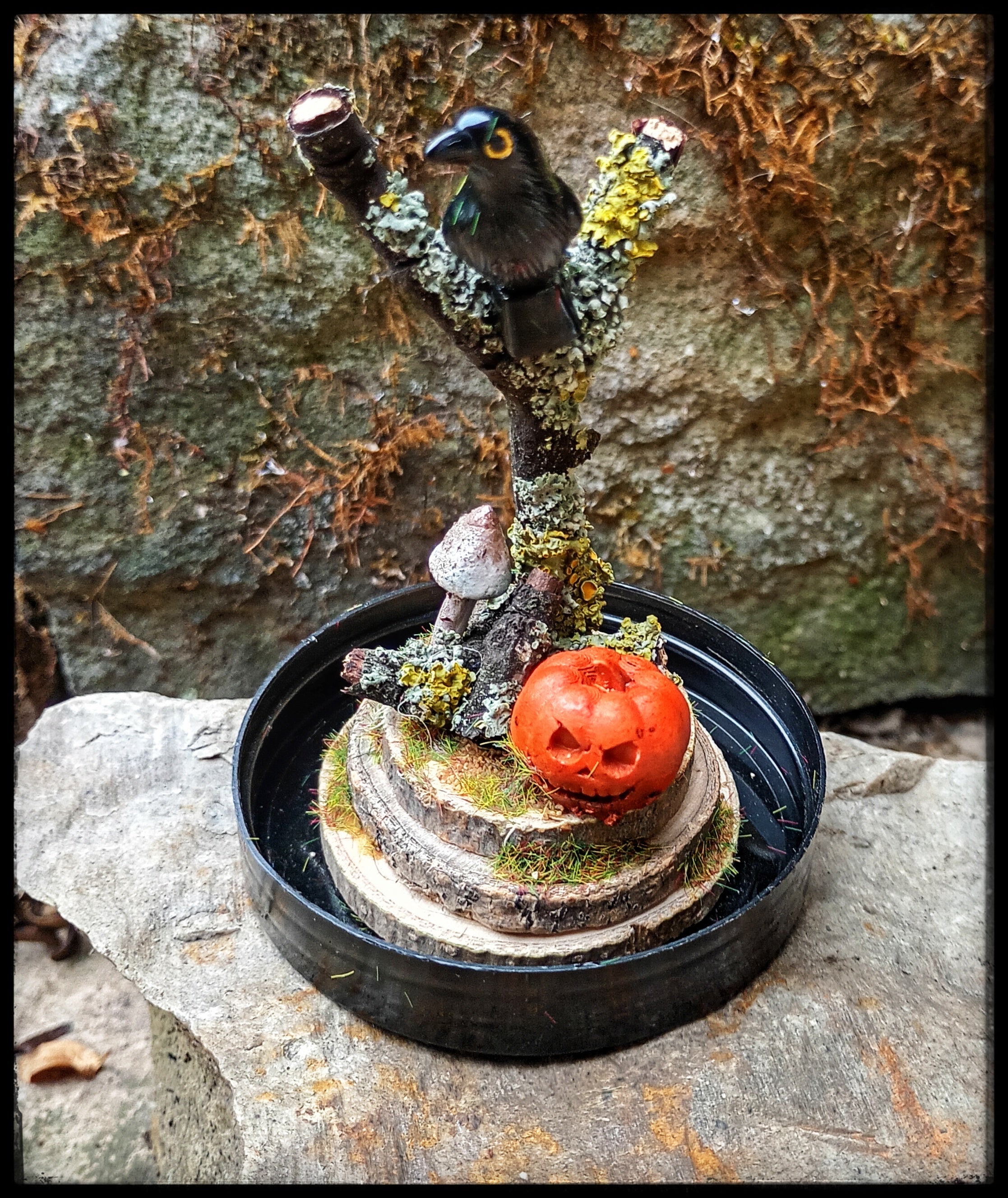 Raven and Pumpkin- Halloween Themed Miniature Scene in Cloche