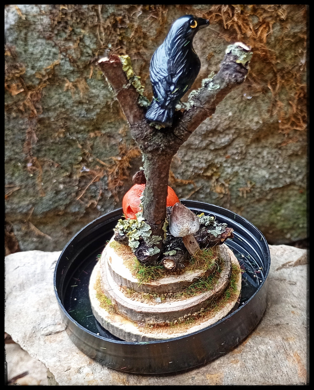 Raven and Pumpkin- Halloween Themed Miniature Scene in Cloche