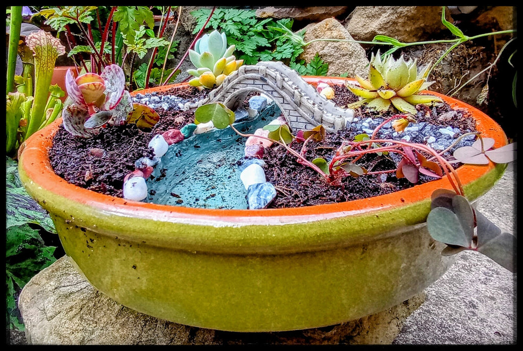 Miniature garden with bridge and stream
