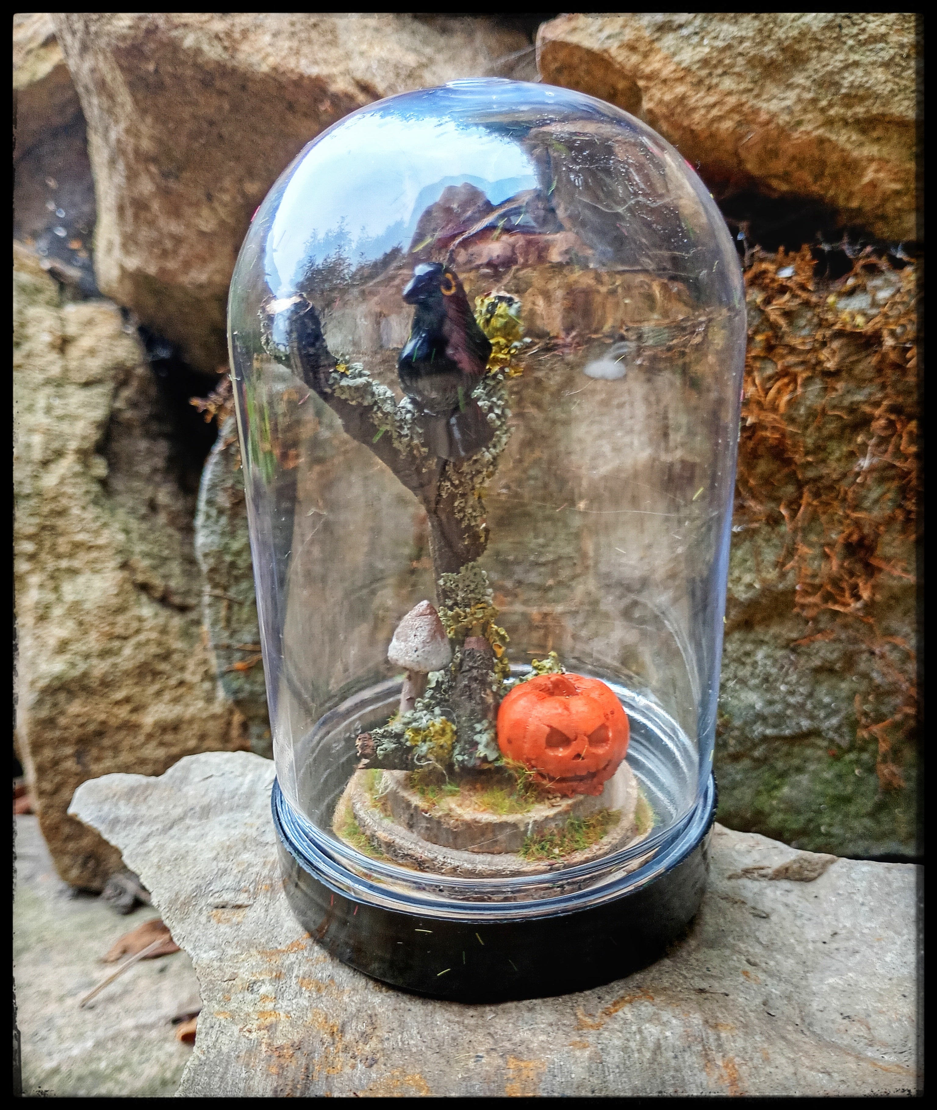 Raven and Pumpkin- Halloween Themed Miniature Scene in Cloche